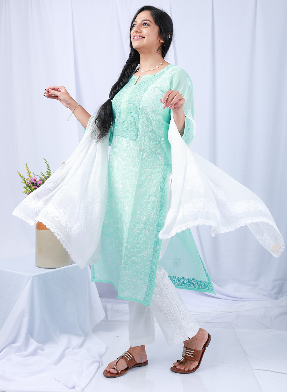 Mehak Sea Green - Cotton Terry Voile Bahaar Chikankari Kurta