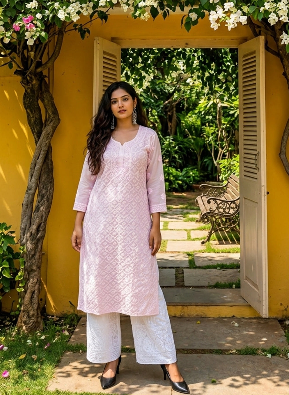 Ada Powder Pink -  Bahaar Muslin Front Jaal Chikankari Kurta