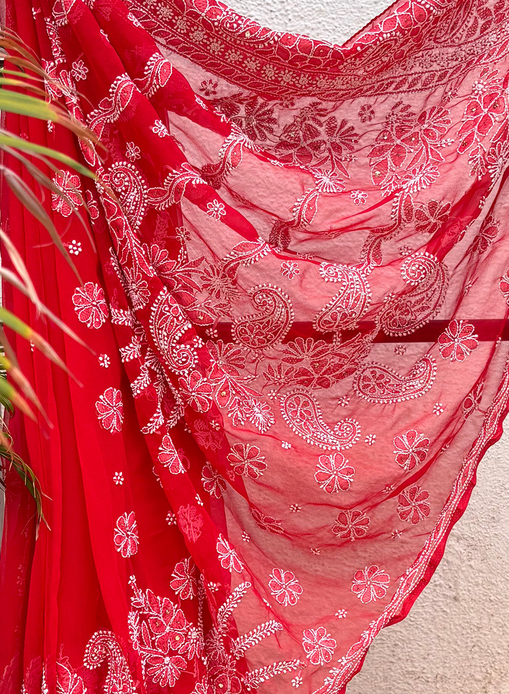 Red - Aks Georgette Chikankari Saree With Mukaish