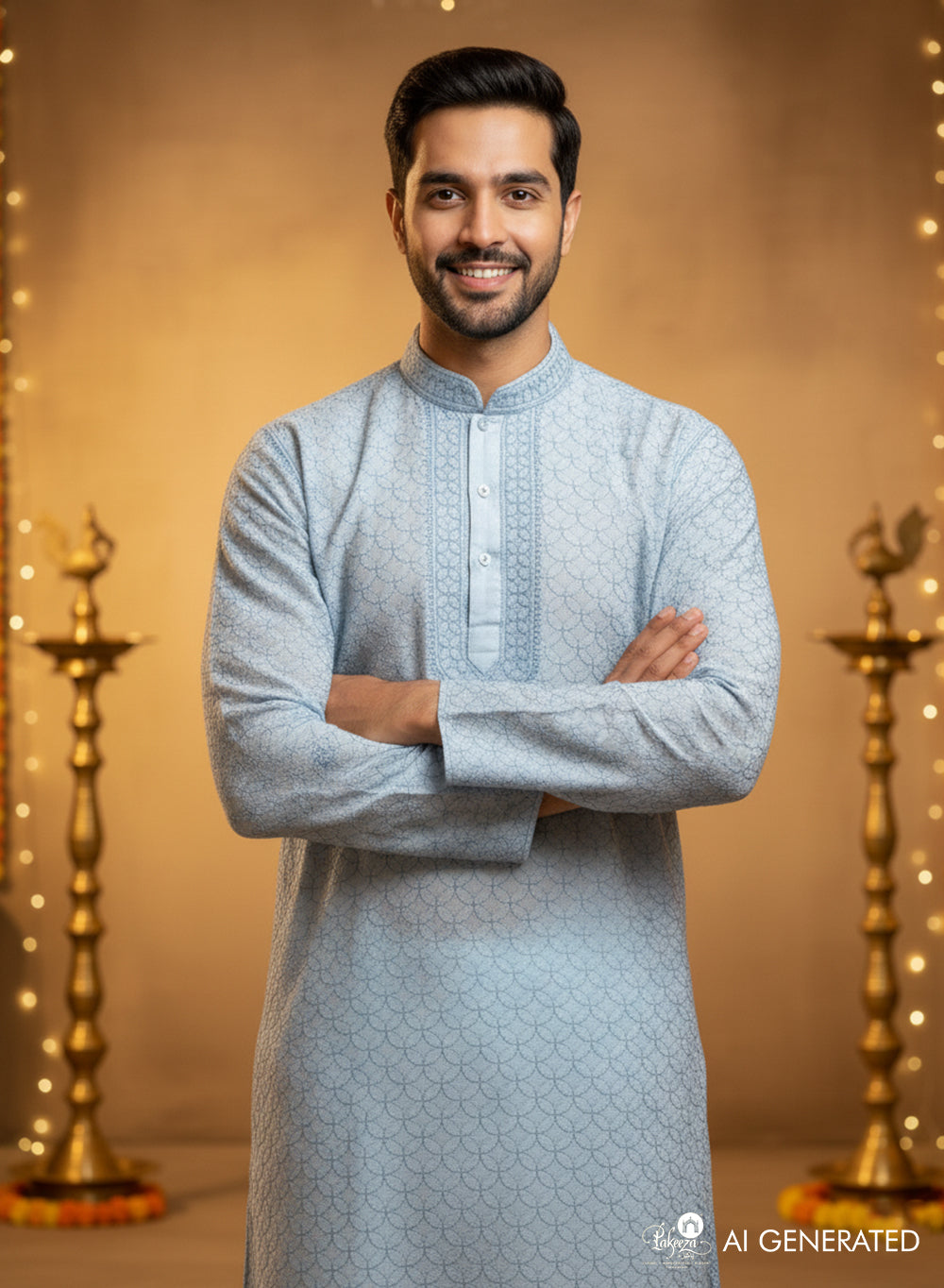 Ice Blue - Nawab Cotton Chikankari Men Long Kurta