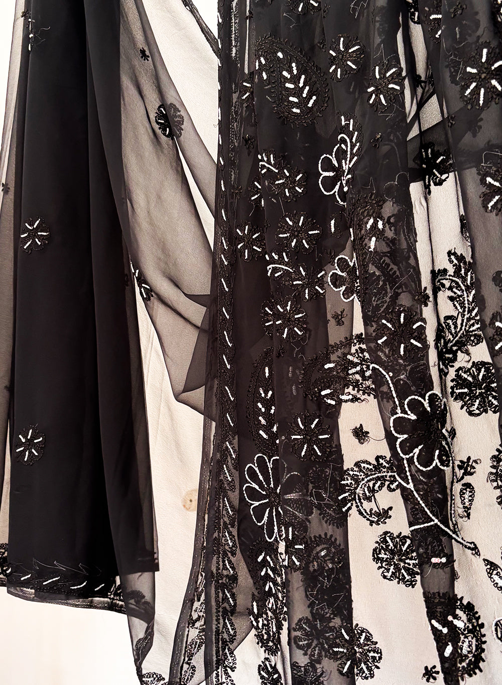 Black Katdana - Aks Georgette Chikankari Saree