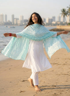 Sky Blue - Nazm Cotton Chikankari Dupatta With White Thread Embroidery