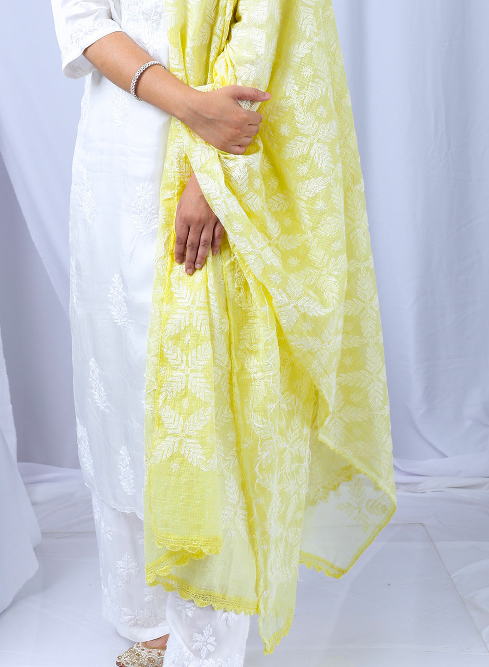 Light Yellow - Nazm Kota Cotton Chikankari Plain Border Dupatta