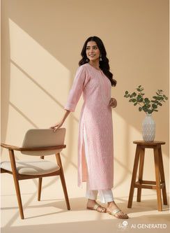 Baby Pink - Bahaar Cotton Terry Voile Chikankari Kurta With Mukaish Work