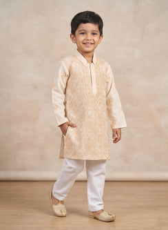 Beige Front Jaal - Cotton Chikankari Kurta With Self Thread Work & Pajama