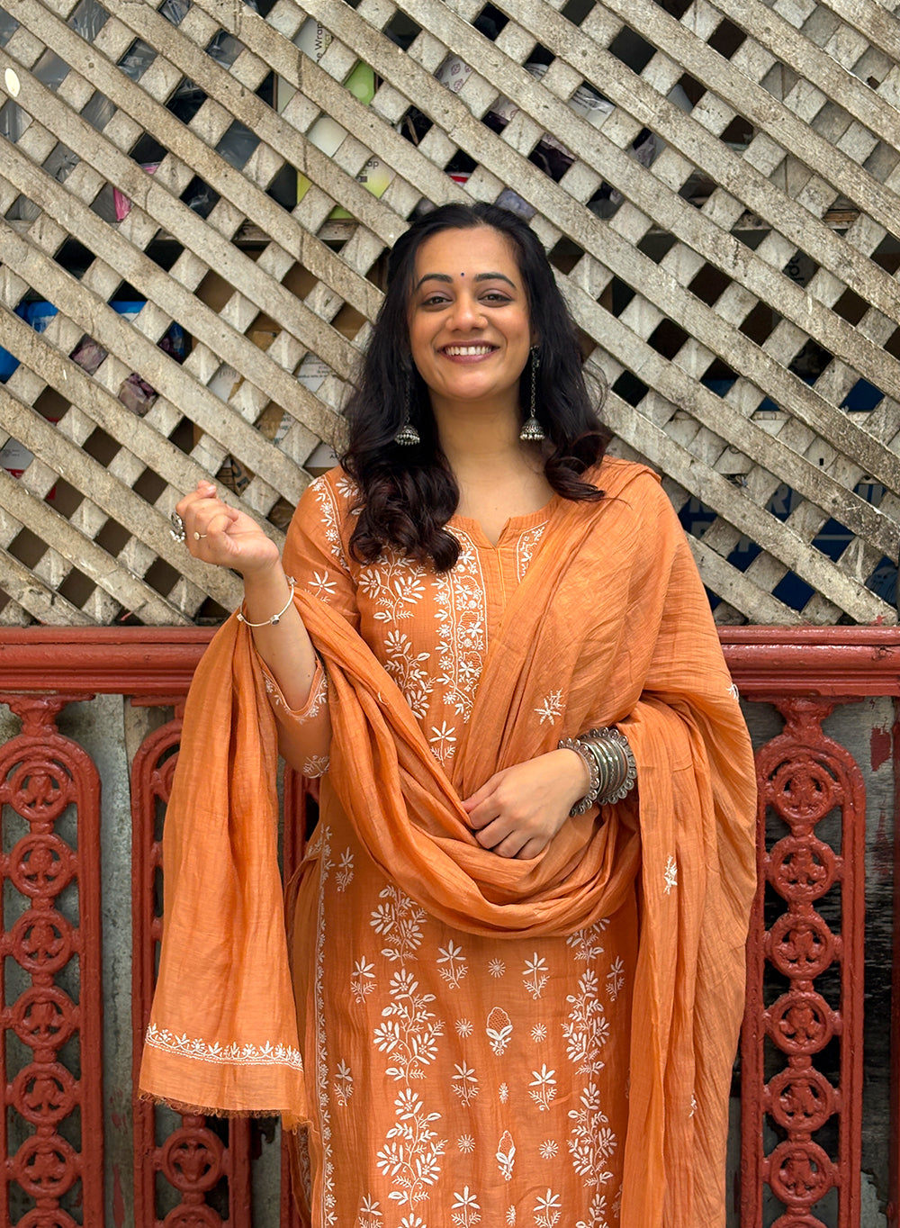 Orange - Mul Chanderi Nargis Chikankari Set