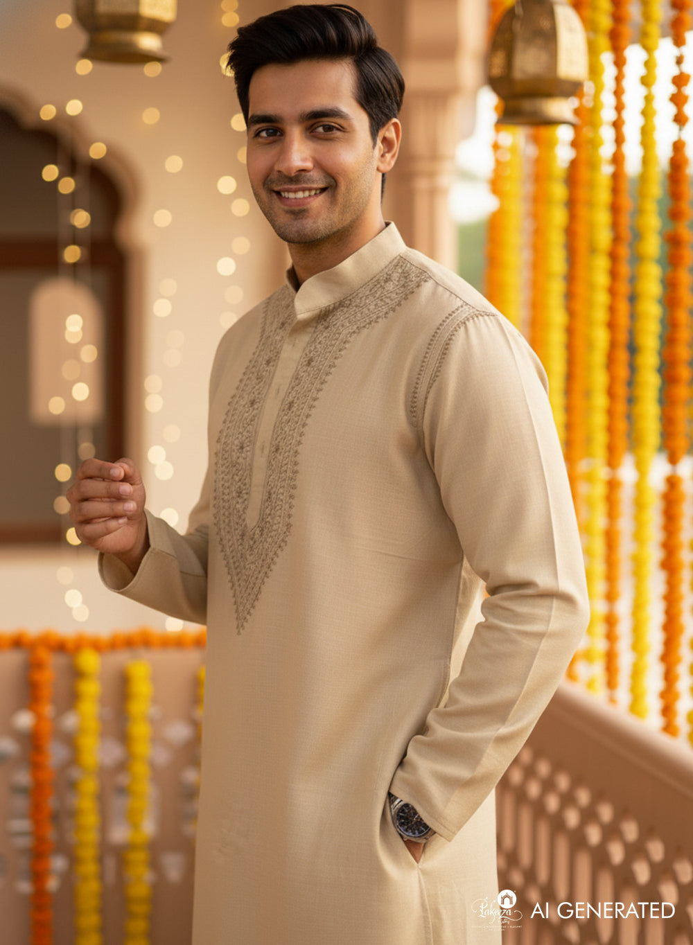 Light Brown - Nawab Cotton Chikankari Men Long Kurta