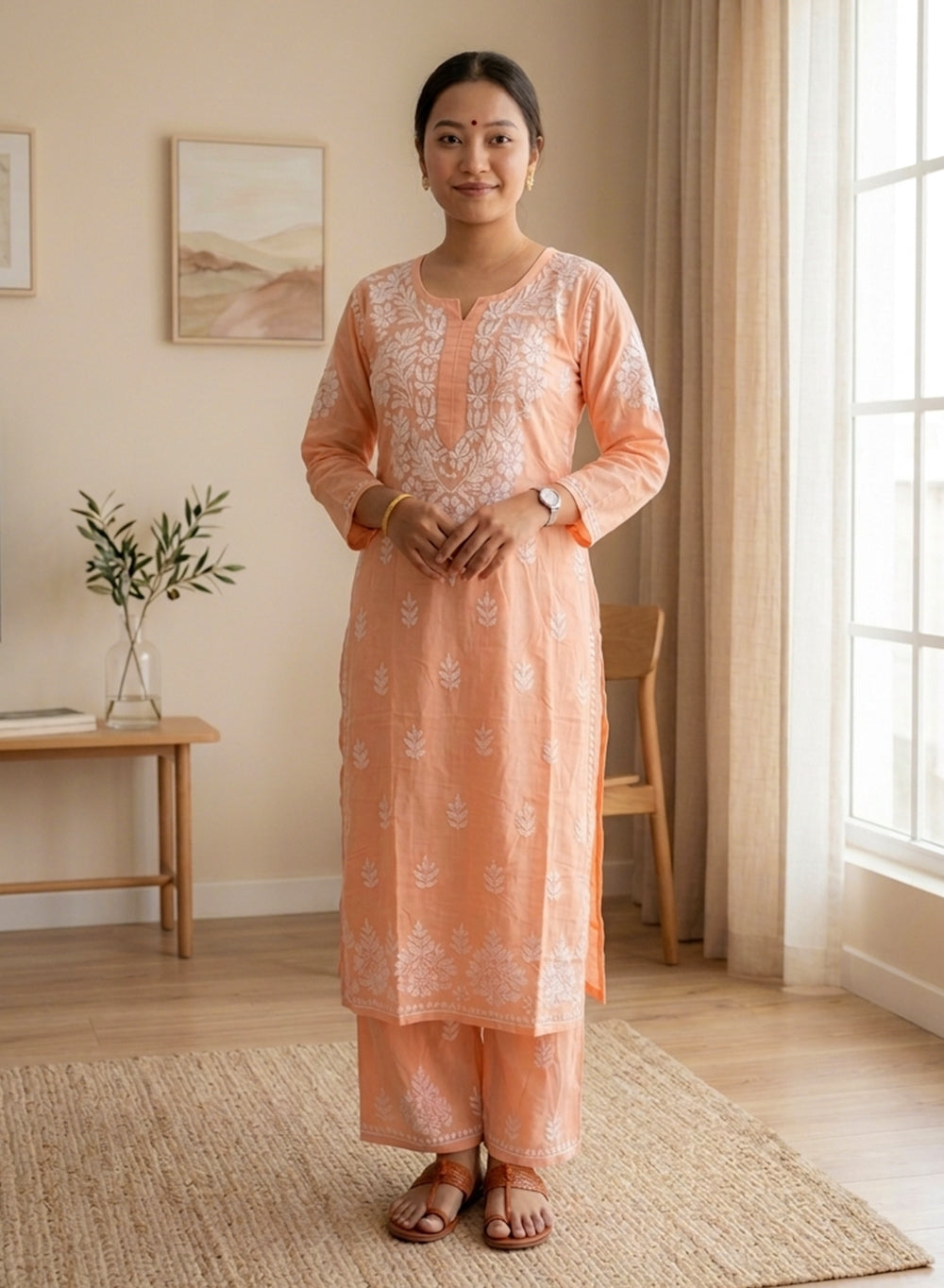 Peach - Modal Nargis Chikankari Co-ords Set With White Thread Embroidery