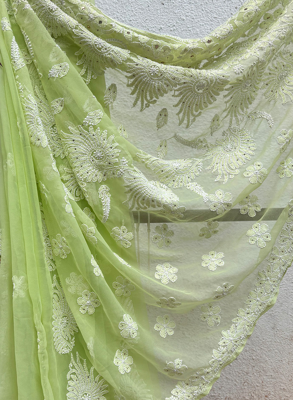 Light Green - Aks Georgette Chikankari Saree With Mukaish