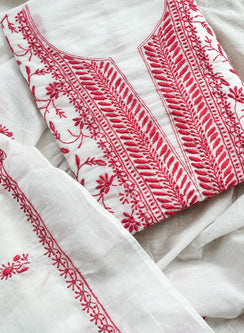 White & Pink - Nayaab Mul Chanderi Chikankari Kurta Fabric