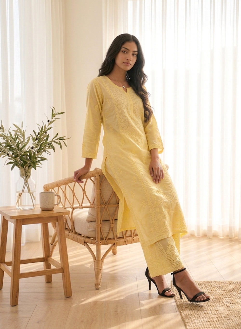 Saanjh Light Yellow - Nargis Muslin Chikankari Kurta & Palazzo Set
