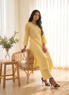 Saanjh Light Yellow - Nargis Muslin Chikankari Kurta & Palazzo Set