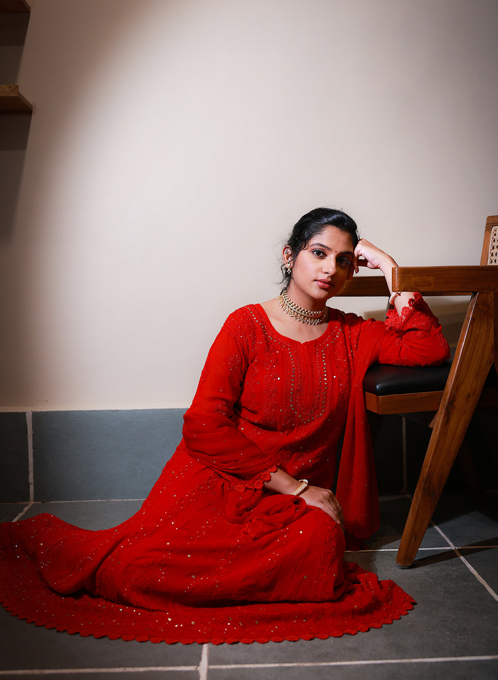 Ibadat - Red Viscoe Anarkali And Dupatta Set with Mukaish Work