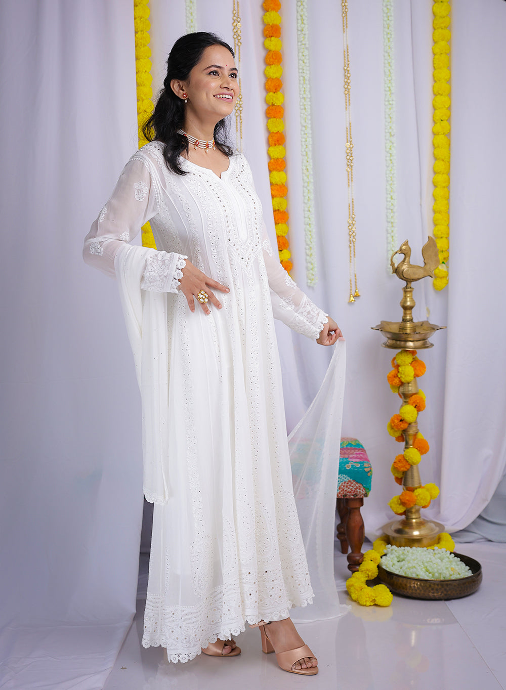 Ibadat White - Viscose Anarkali & Dupatta Nargis Chikankari Set