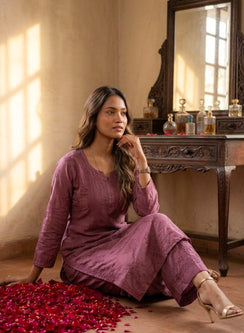 Seher Burgendy - Nargis Satin Chikankari Kurta & Palazzo Set