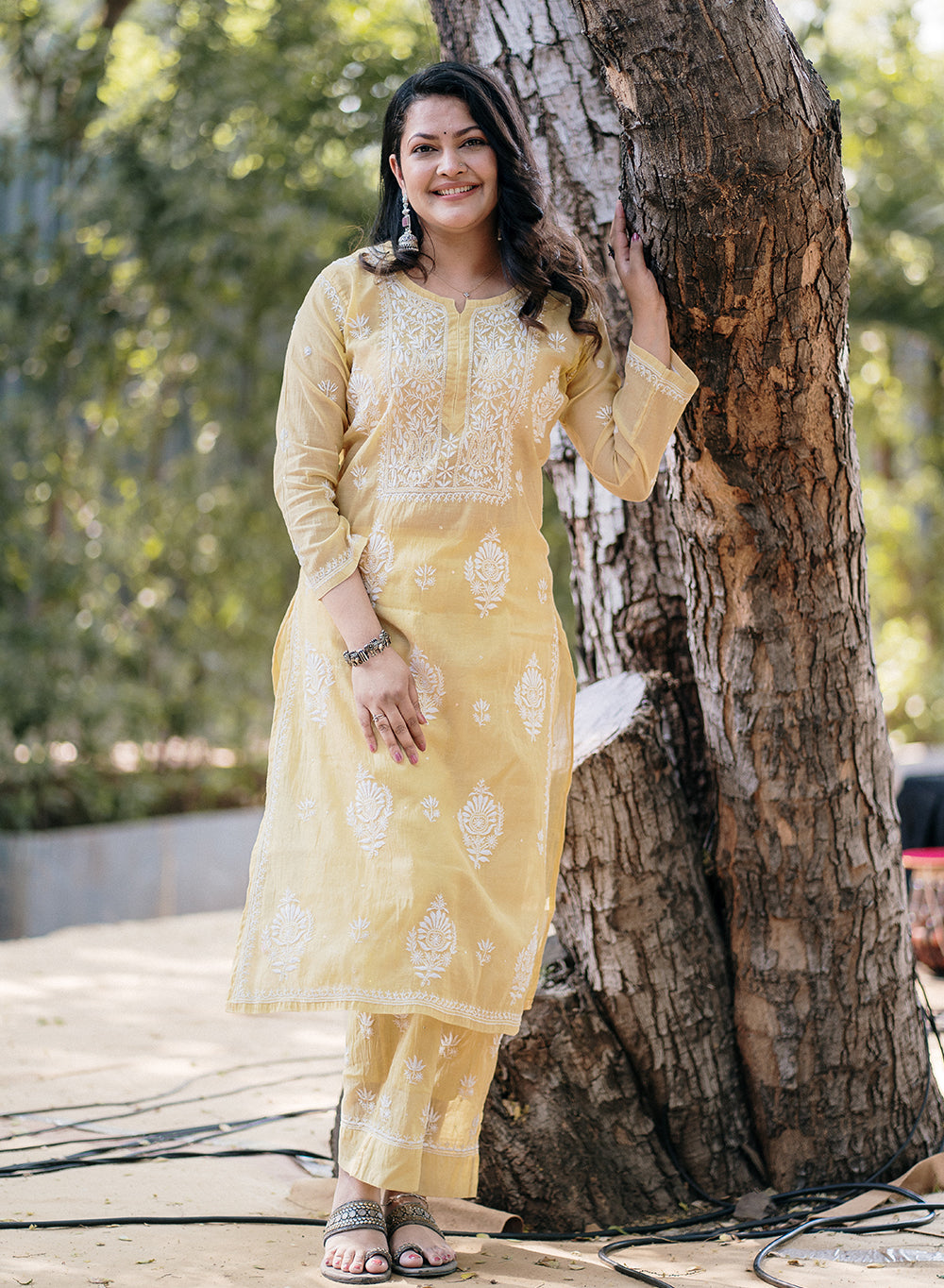 Eraya Pale Yellow - Mul Chanderi Nargis Chikankari Set