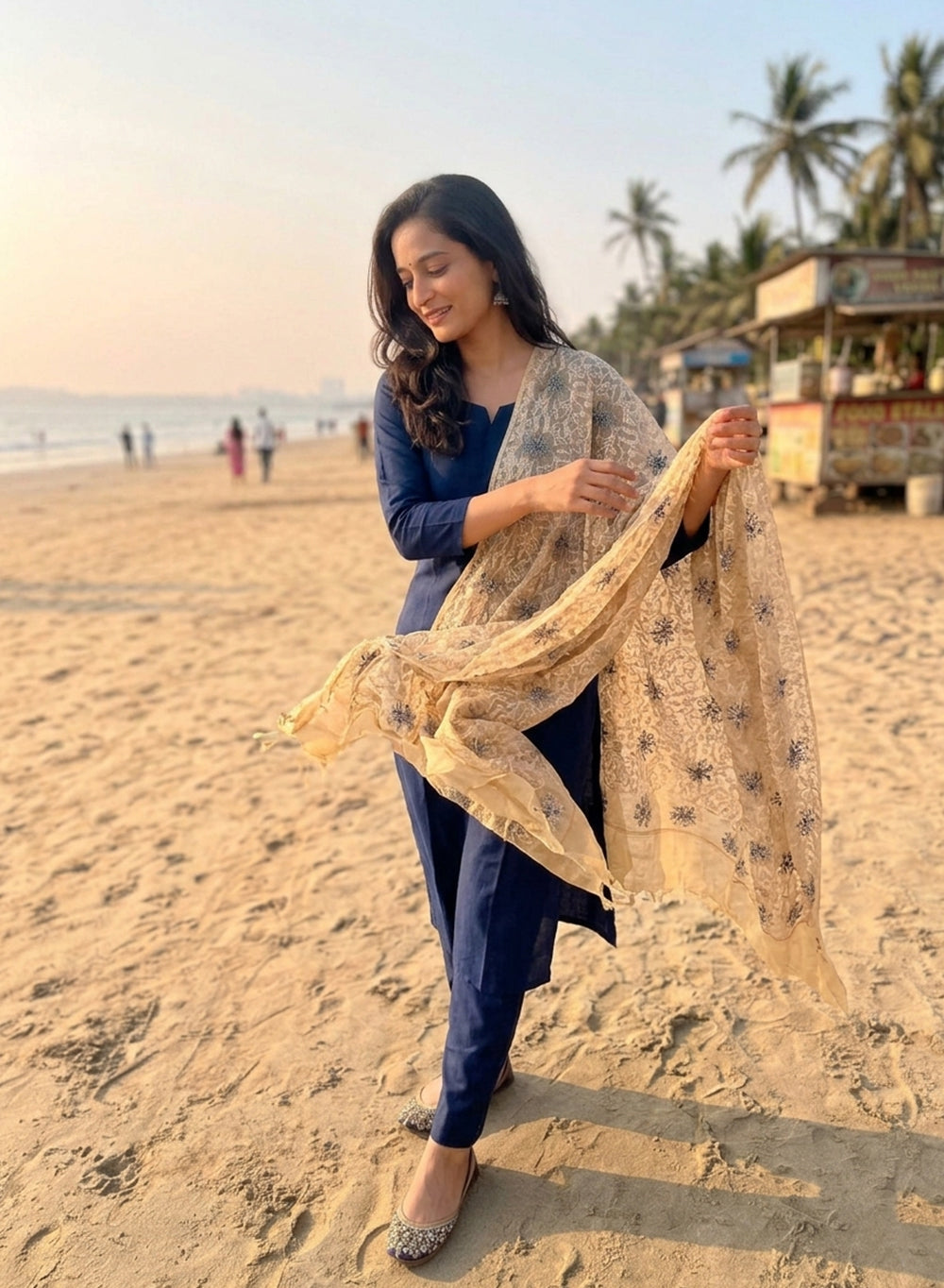 Beige - Nazm Kota Cotton Chikankari Dupatta With Gray Thread Embroidery