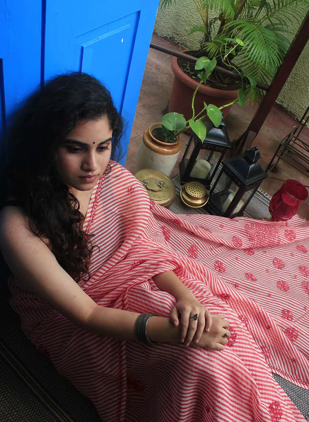 Dark Pink Lehariya - Kota Aks Cotton Chikankari Saree