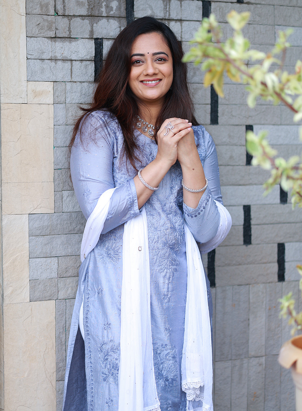 Ice Blue Firdaus - Cotton Chanderi Chikankari Kurta with Sequin