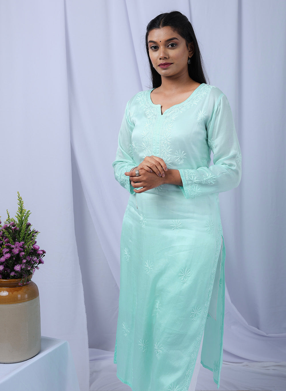 Meera Sea Green - Bahar Satin Chikankari Ombre Kurta