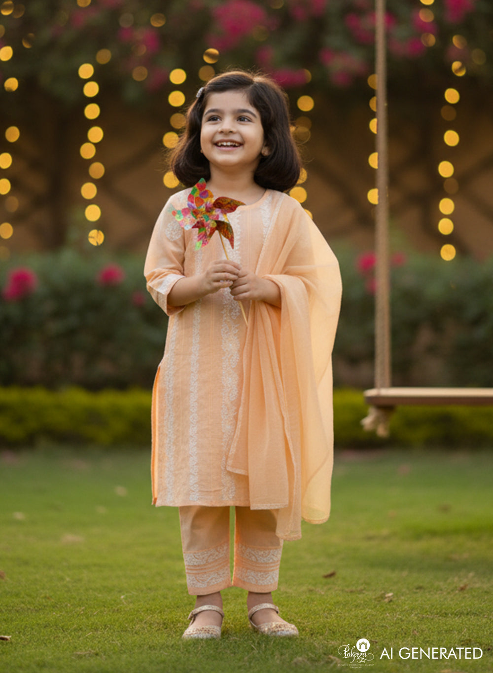 Titli Light Orange - Cotton Chikankari Kidswear Set