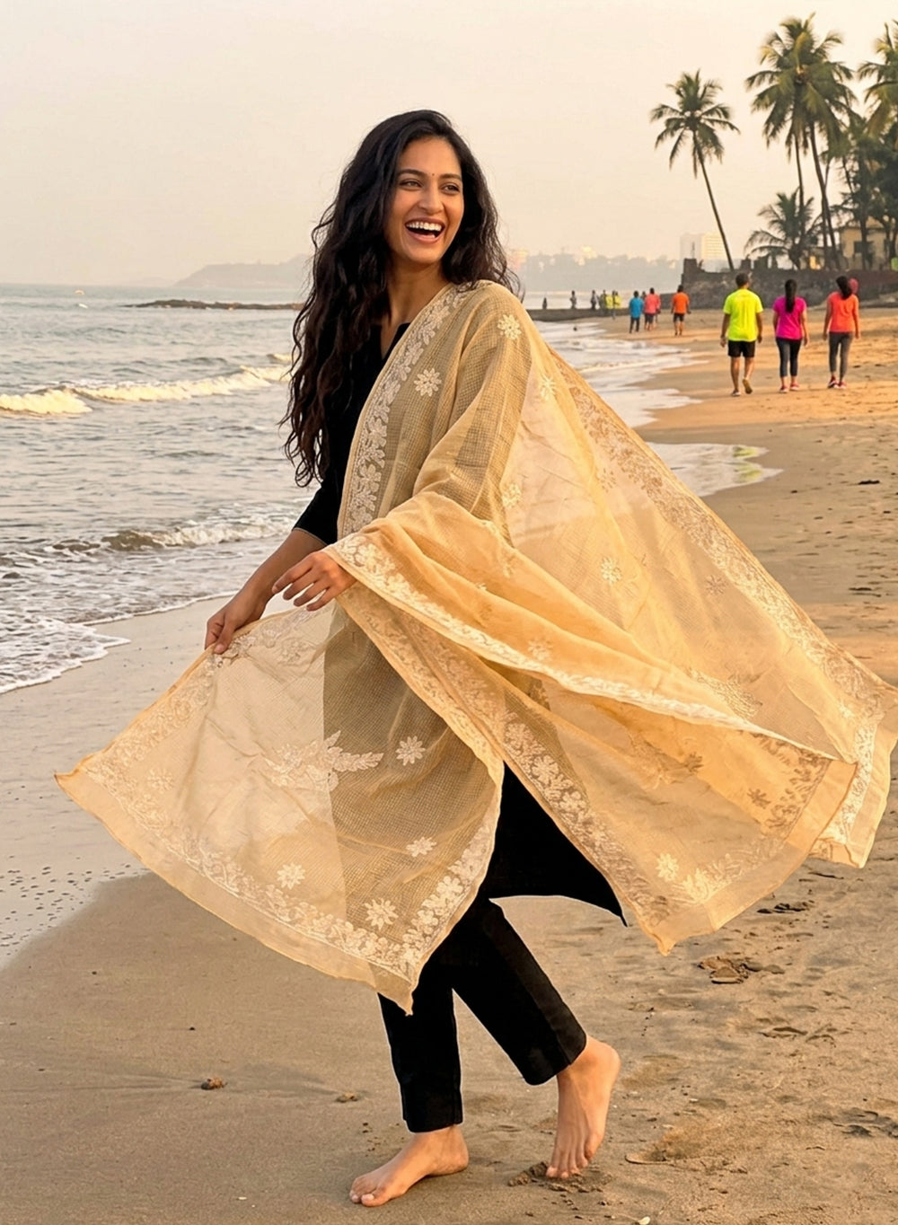 Beige - Nazm Kota Cotton Chikankari Dupatta With White Thread Embroidery