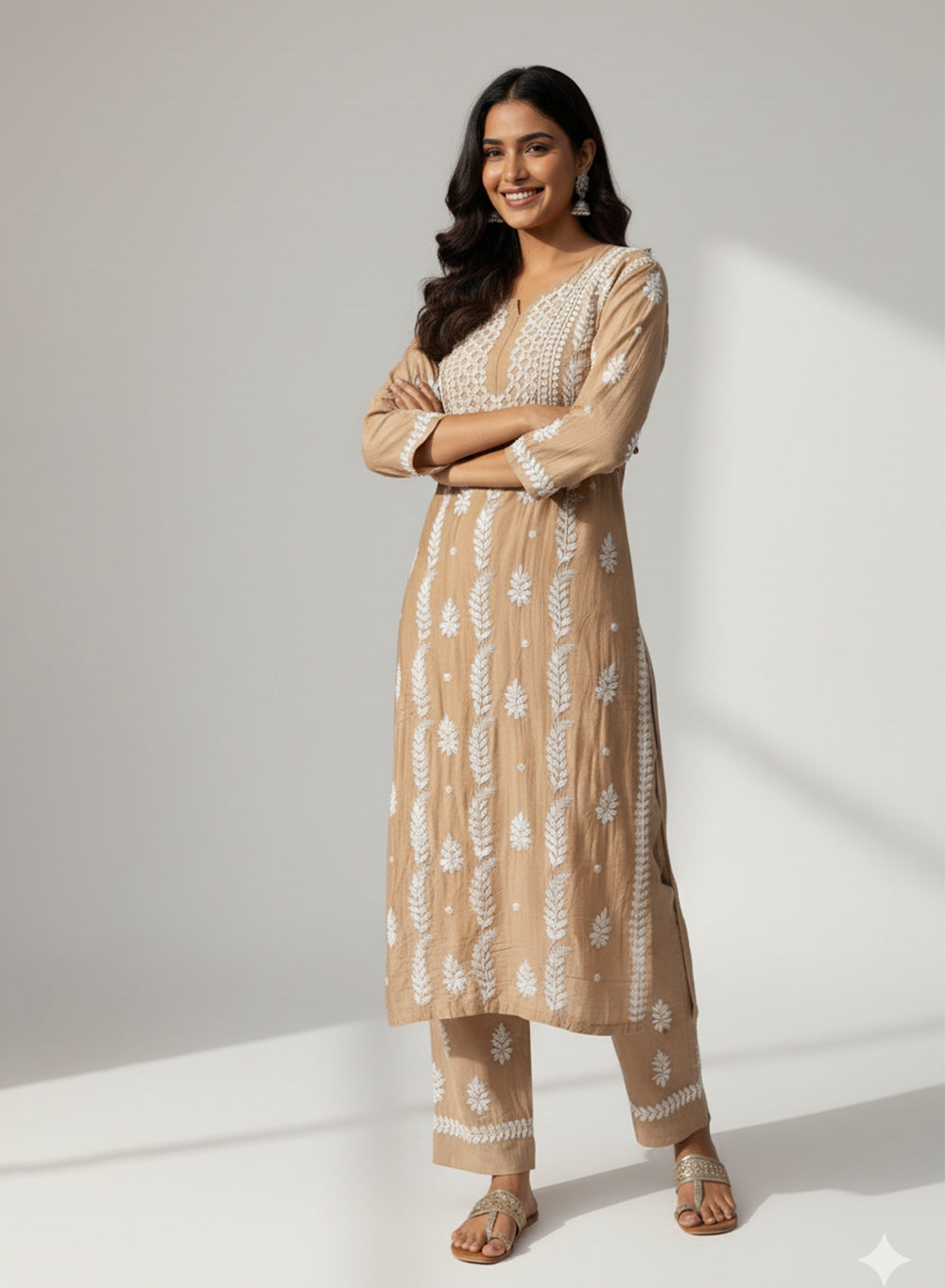 Beige - Muslin Nargis Chikankari Co-ord Set