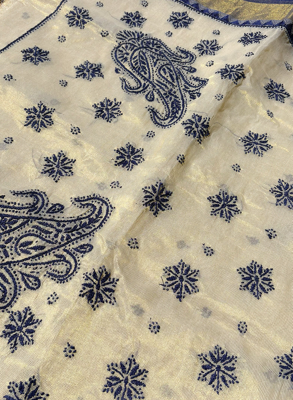 Dark Blue Dhoop Chaav - Aks Super Net Chikankari Saree