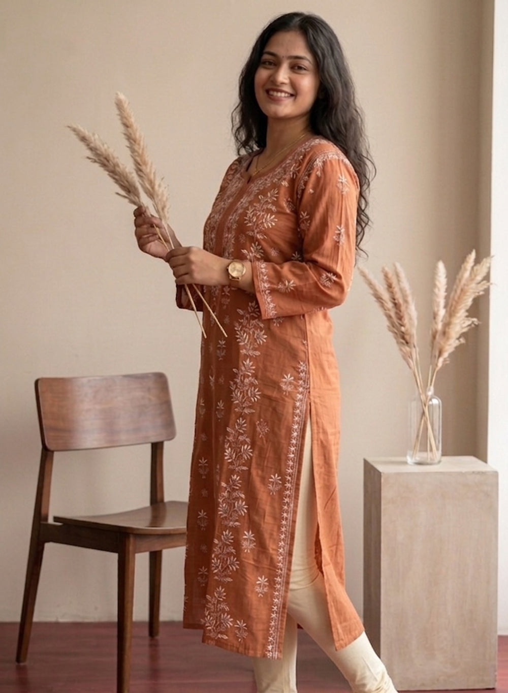 Brown - Mul Chanderi Bahaar Chikankari Kurta
