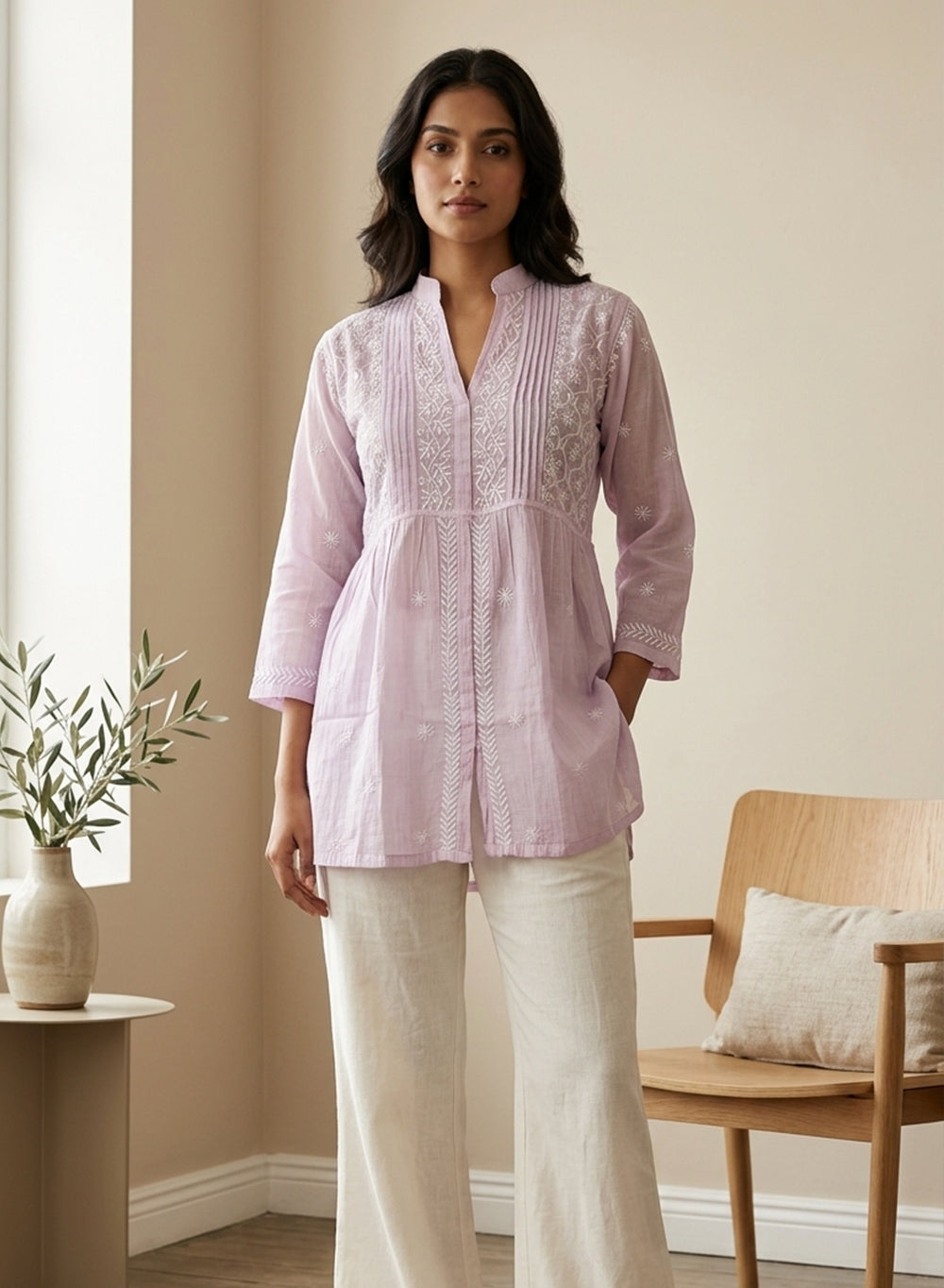 Lavender - Gulshan Mul Chanderi Chikankari Short Top
