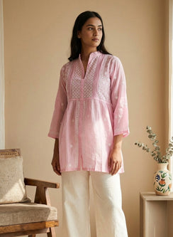 Baby Pink - Gulshan Mul Chanderi Chikankari Short Top