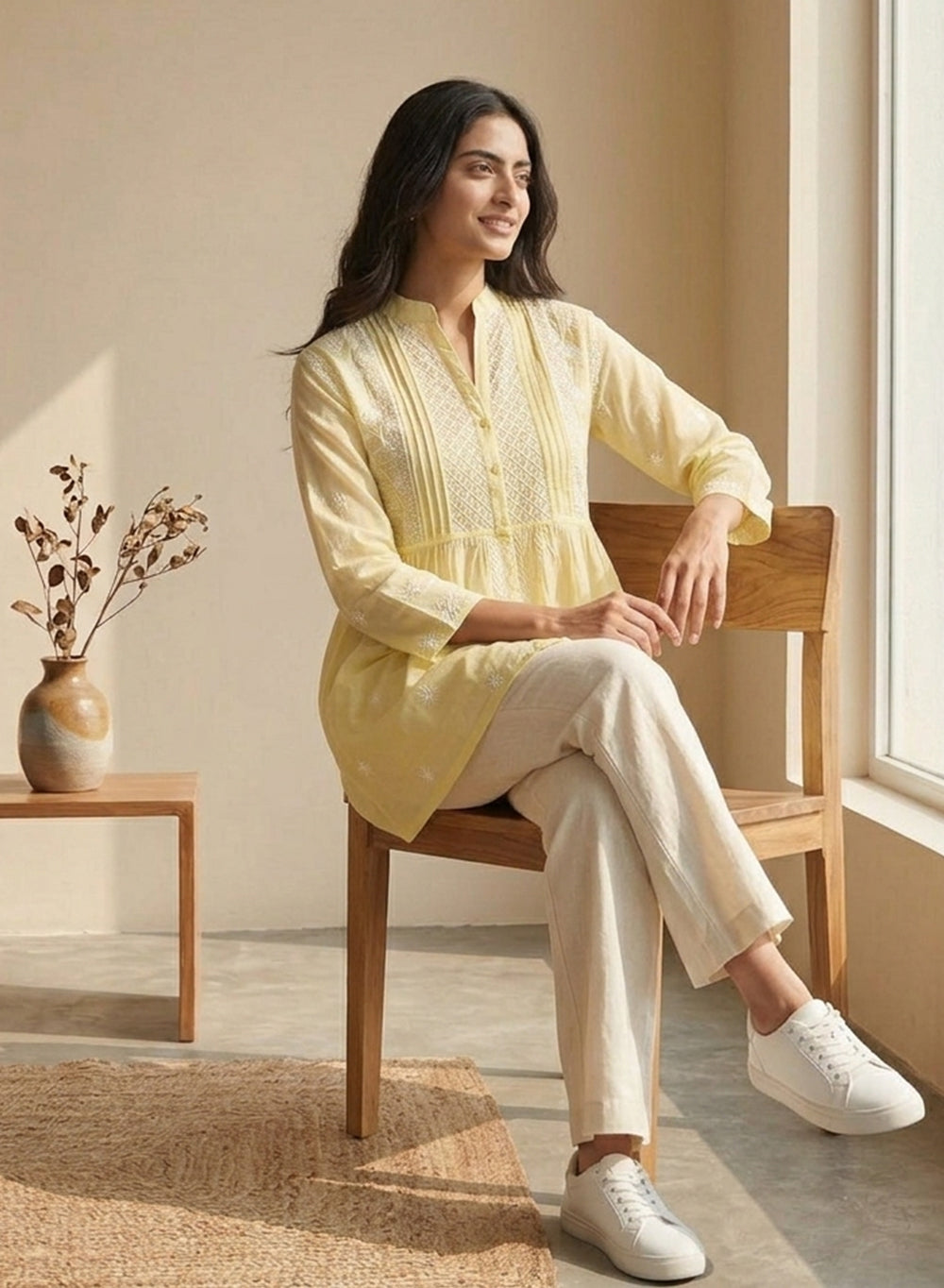 Lime - Gulshan Mul Chanderi Chikankari Short Top