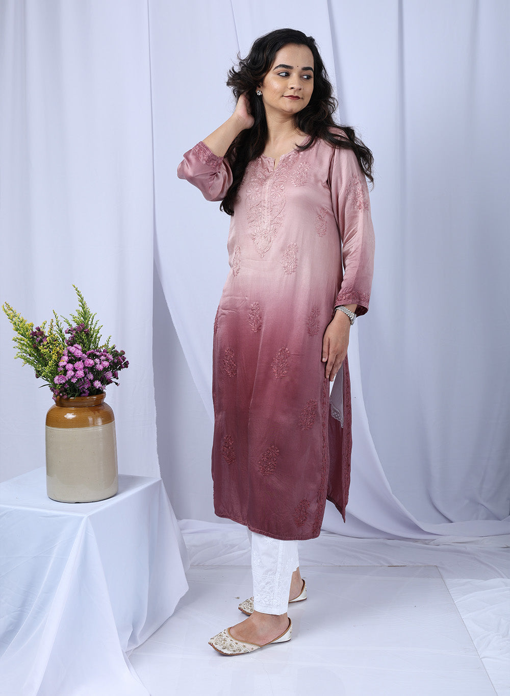 Meera Mauve - Bahaar Satin Chikankari Ombre Kurta