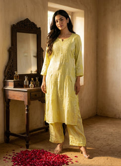 Seher Yellow- Nargis Satin Chikankari Kurta & Palazzo Set