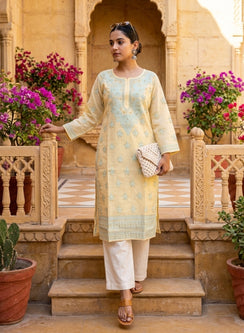 Beige With Turquoise Thread Work -  Bahaar Cotton Terry Voile Chikankari Kurta
