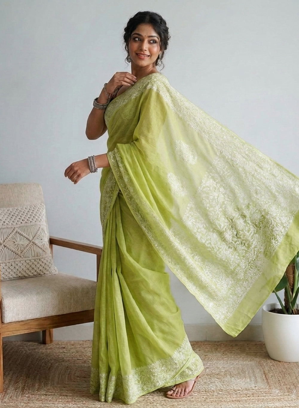 Aparajita Olive Green - Aks Kota Cotton Chikankari Saree