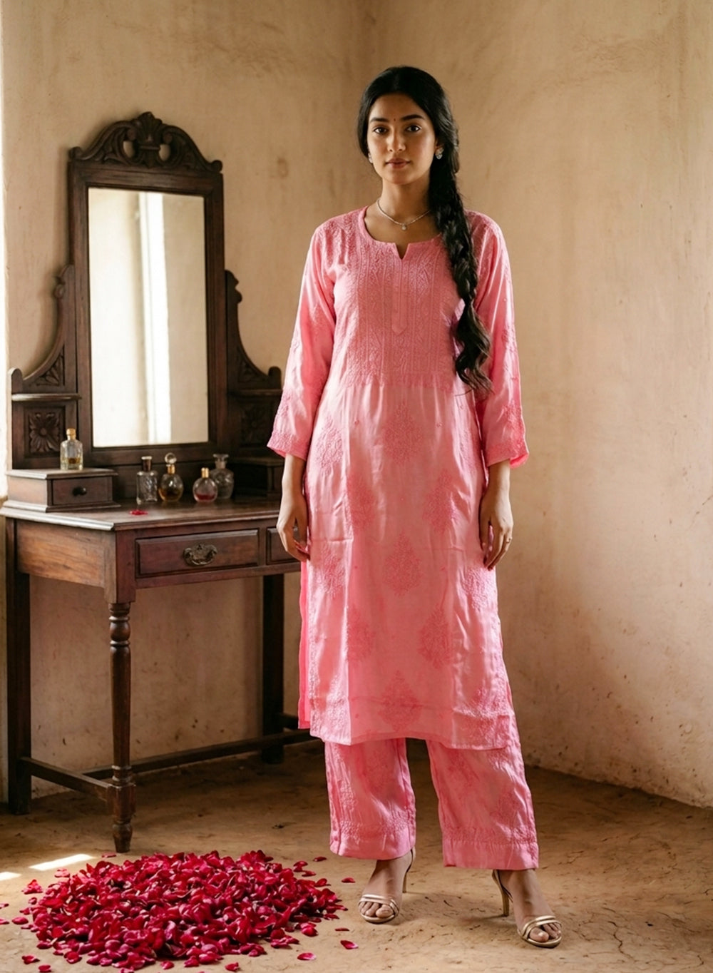 Seher Peach Pink - Nargis Satin Chikankari Kurta & Palazzo Set