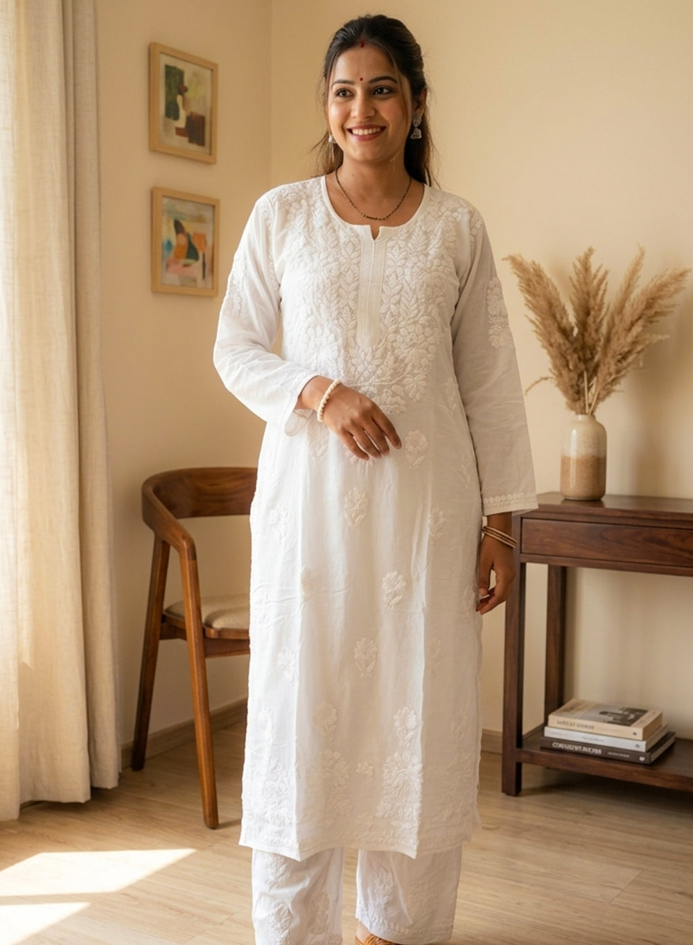 White - Modal Nargis Chikankari Co-ords Set With White Thread Embroidery