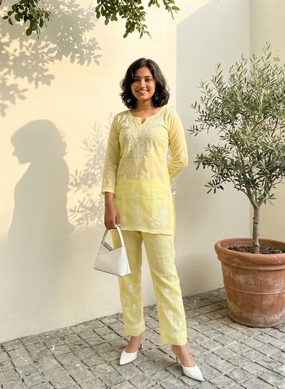 Aisha Lime Yellow - Mul Chanderi Nargis Chikankari Co-ord Set