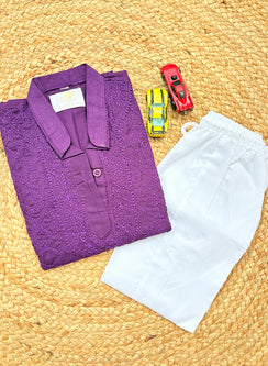 Violet Front Jaal - Cotton Chikankari Kurta With Self Thread Work & Pajama