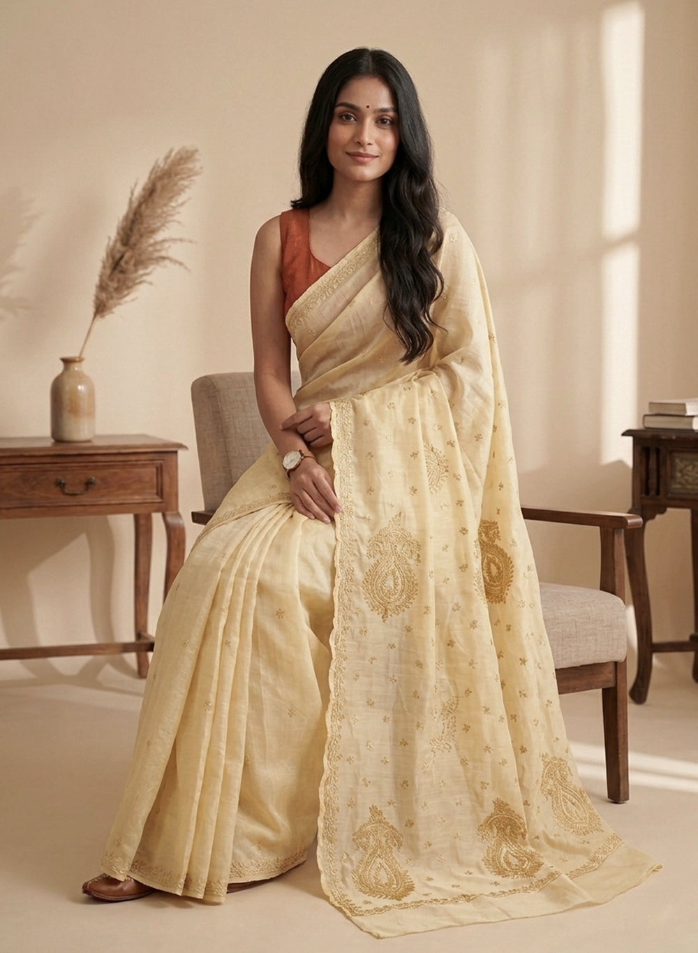 Beige - Aks Cotton Terry Voile Self Thread Embroidered Chikankari Saree