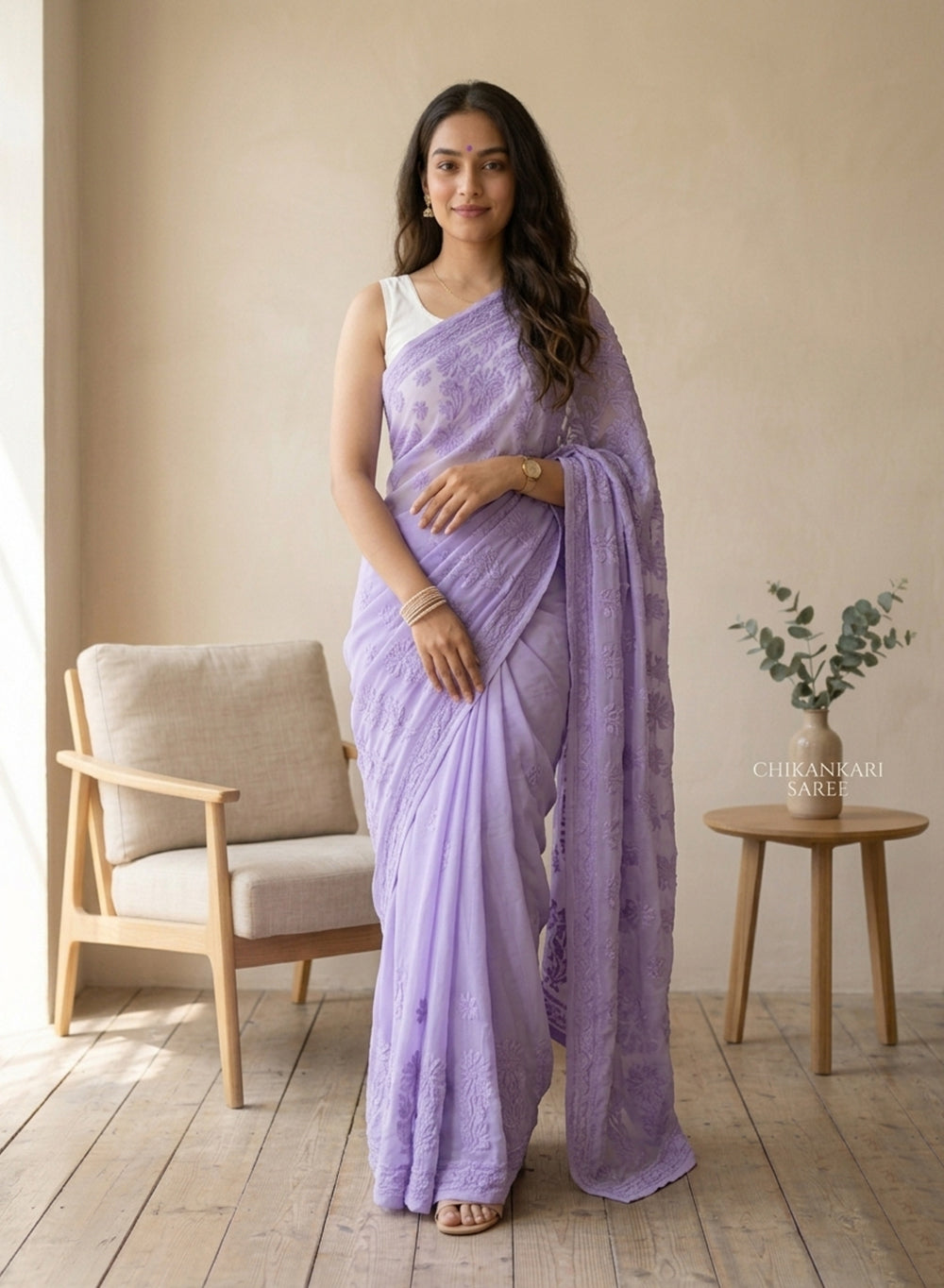 Lavender Self Thread - Aks Georgette Chikankari Saree