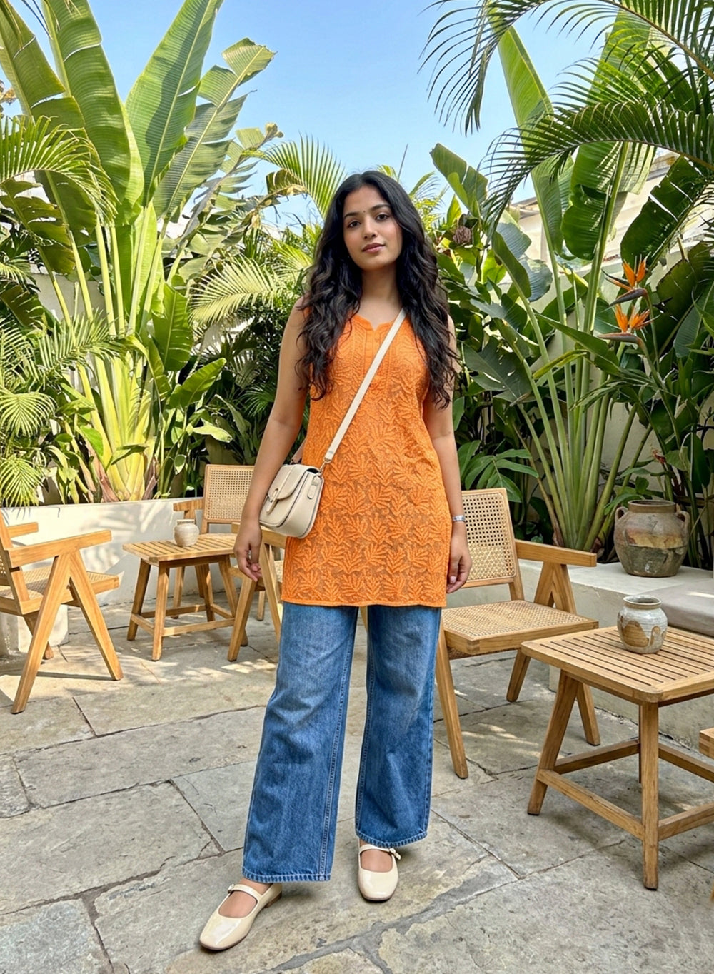Orange - Gulshan Viscose Front Jaal Chikankari Shot Top