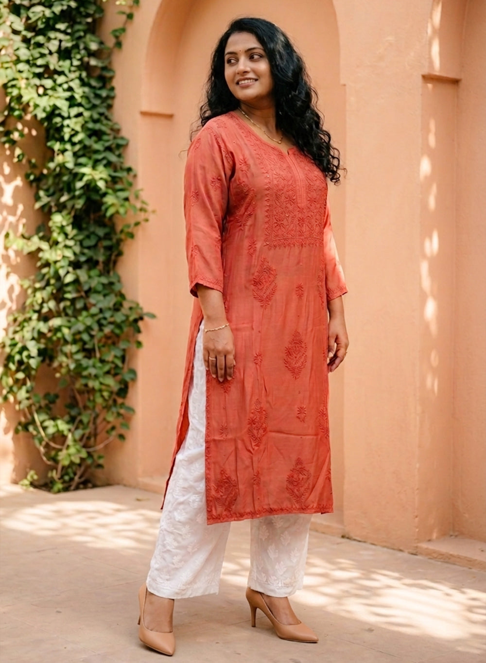 Brick -  Anjuman Muslin Chikankari Kurta With Katdana Work