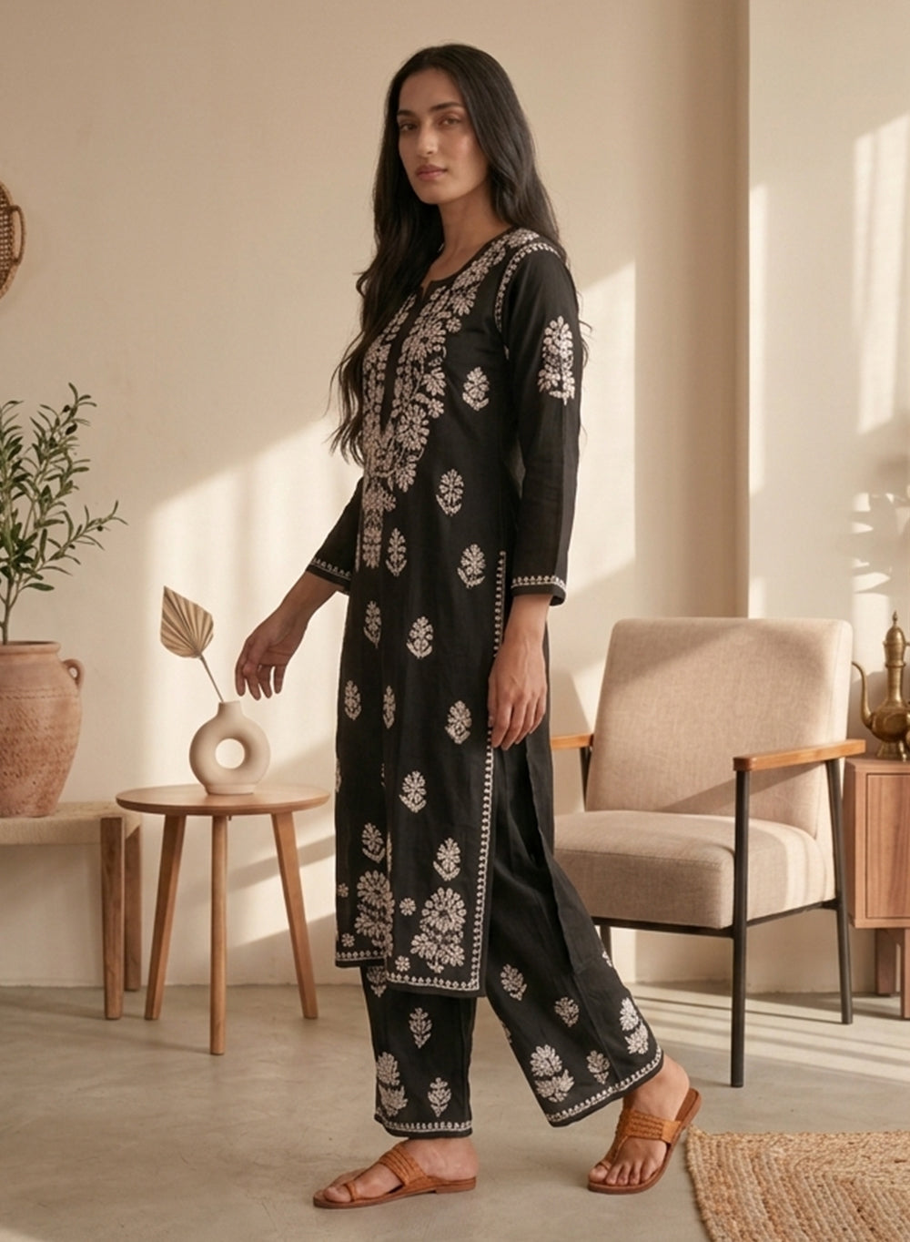 Black - Modal Nargis Chikankari Co-ords Set With White Thread Embroidery