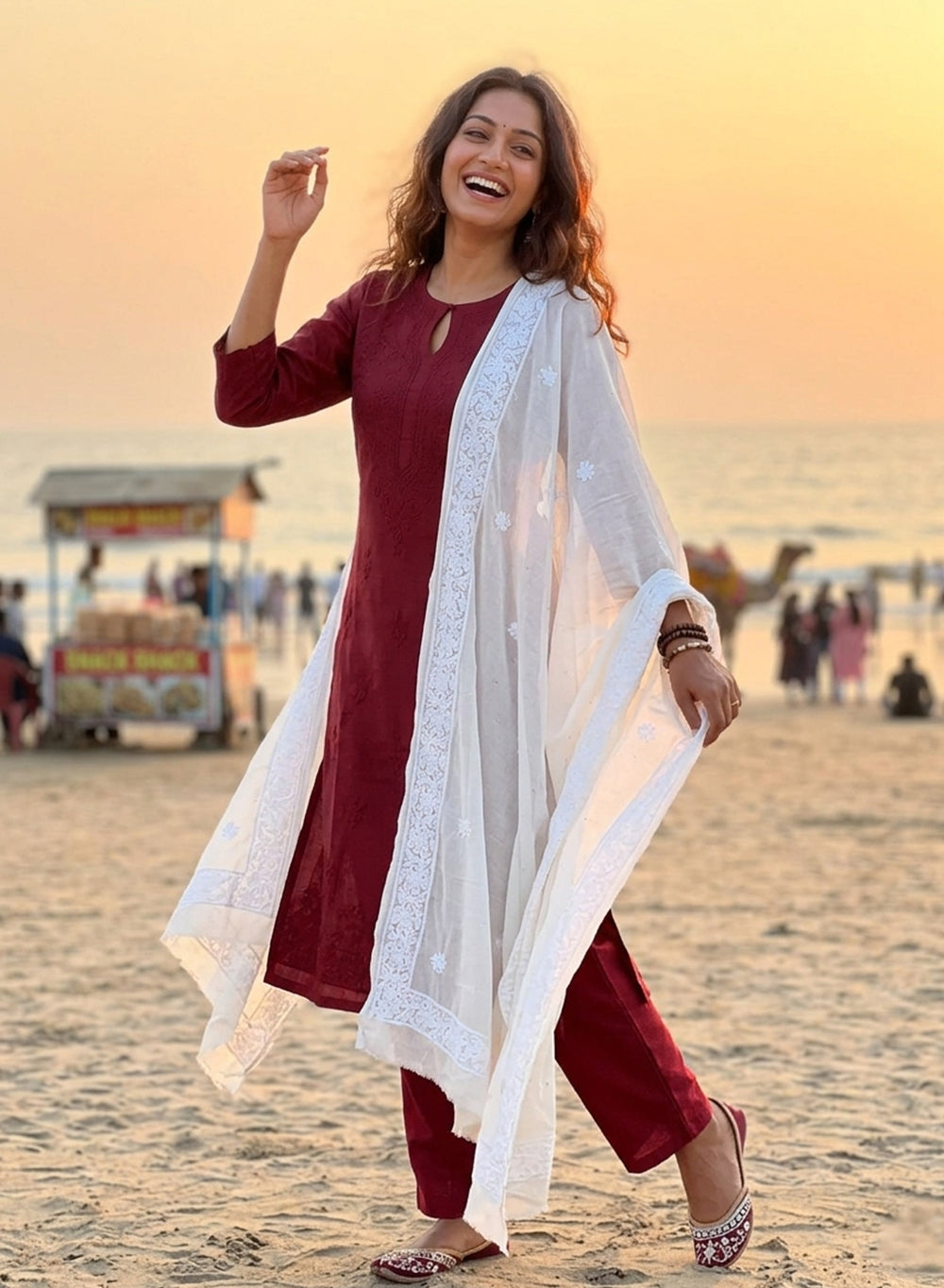 White Viscose Golden Mukaish - Nazm Chikankari Dupatta