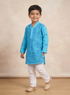Blue Dual Thread Front Jaal - Cotton Chikankari Kurta With Pajama