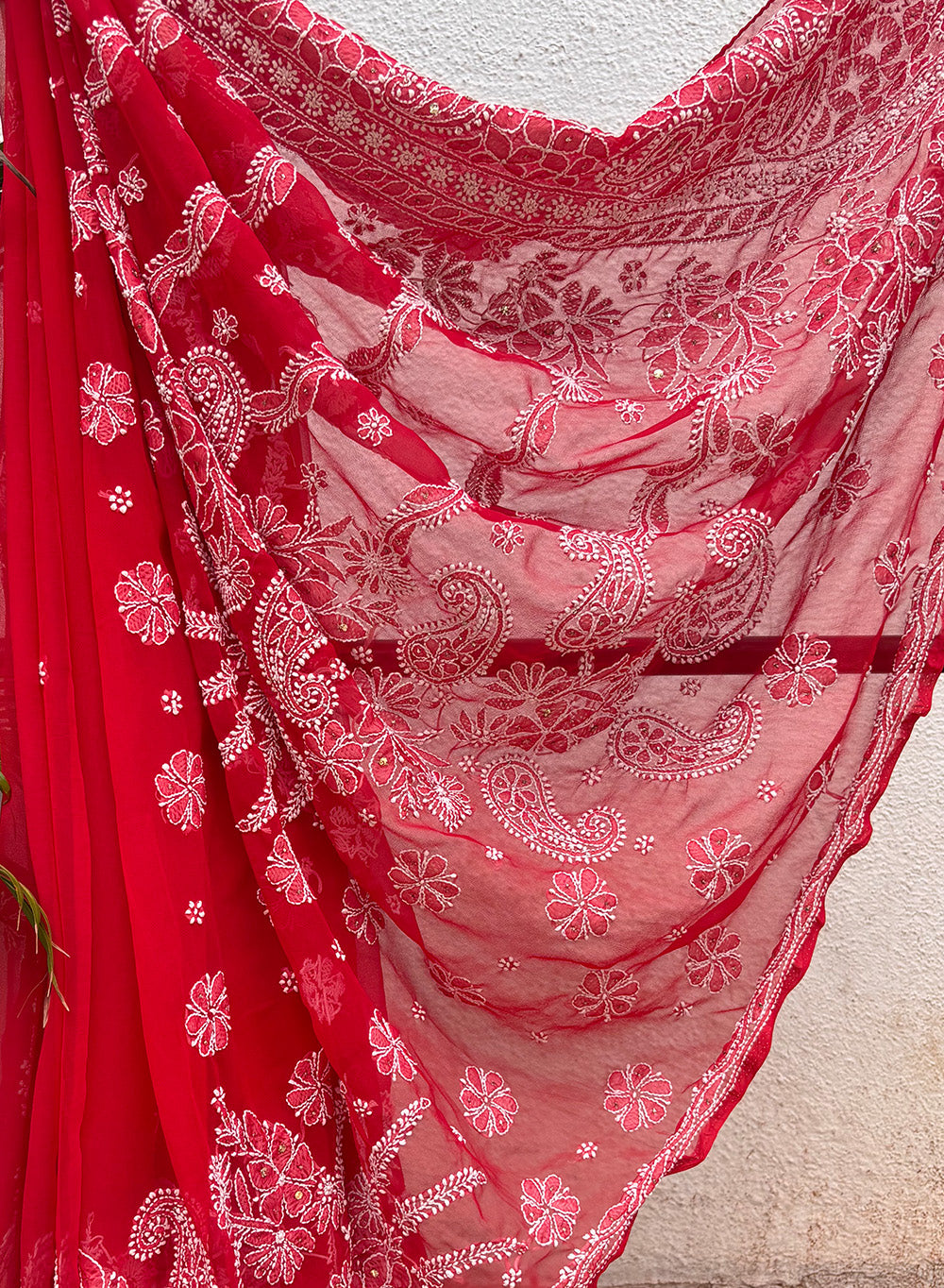 Red - Aks Georgette Chikankari Saree With Mukaish