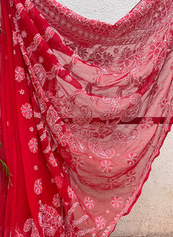 Red Mukaish - Aks Georgette Chikankari Saree