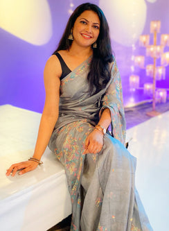 Gray Aks -  Pure Tussar Silk Chikankari Saree